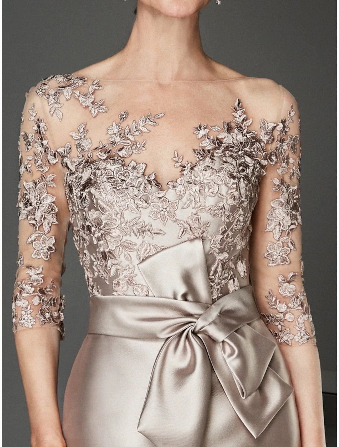 Plus Size Sheath See Through Bateau Neck Wedding Guest Dress  Knee Length Satin Tulle Half Sleeve Mother of the Bride Dress with Beading Ruffles