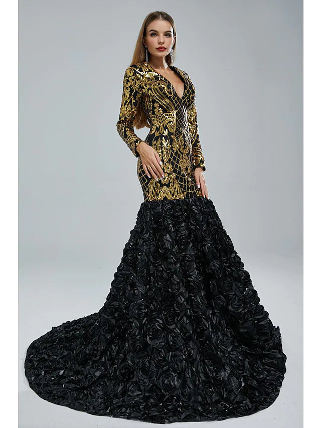 Mermaid / Trumpet Evening Gown Elegant  & Luxurious Dress Engagement Court Train Long Sleeve V Neck Sequined with Sequin