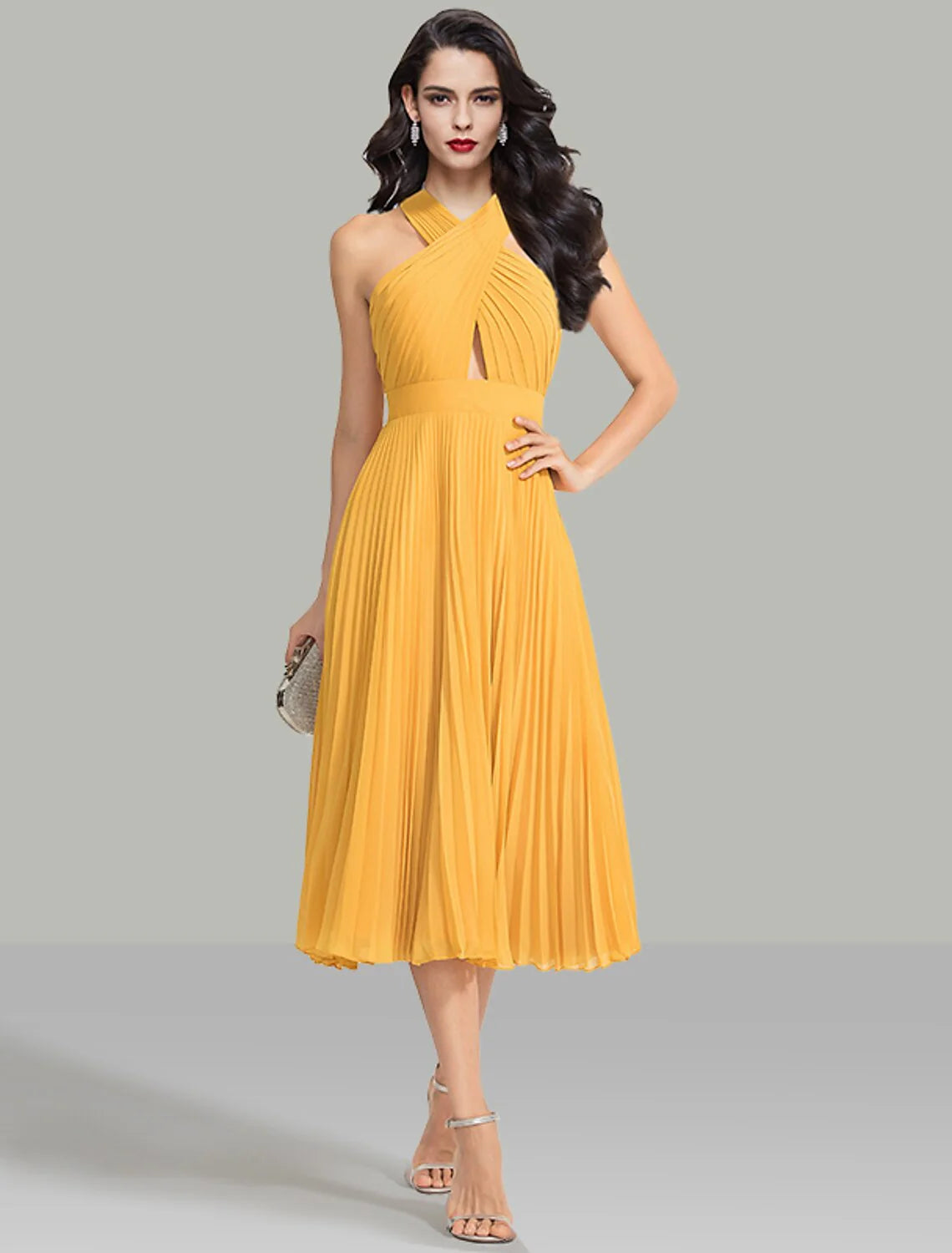 A-Line Wedding Guest Dresses Elegant Dress Cocktail Party Wedding Party Tea Length Sleeveless Halter Neck Chiffon with Ruched Crisscross