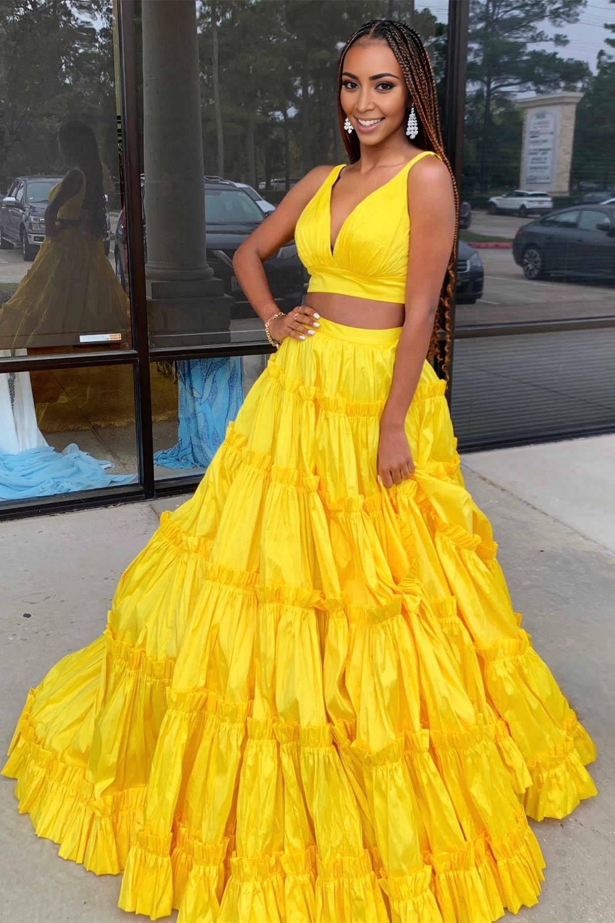 A-Line Sleeveless Two Pieces V Neck Ruffle Long Prom Dress Charming Evening Party Dress