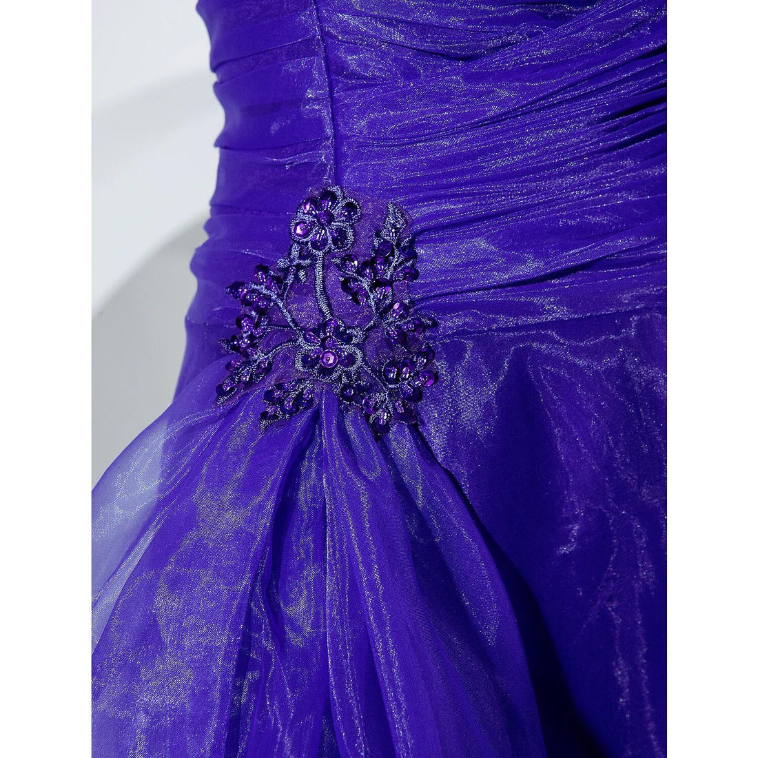 Evening Floor Length Sleeveless One Shoulder Organza with Side Draping Cascading Ruffles