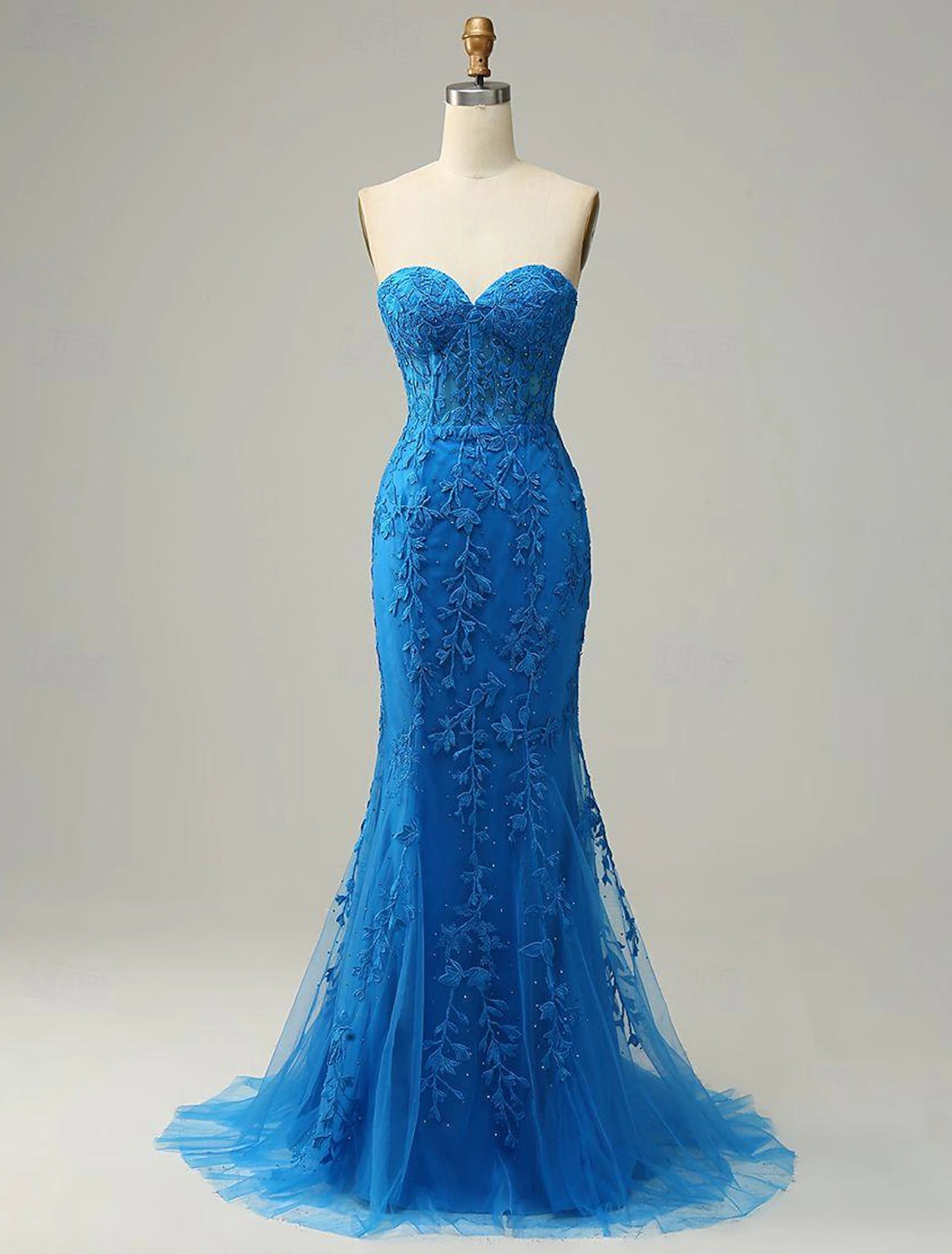 Strapless Sheath Mermaid Prom Dresses Elegant Dress Sweep / Brush Train Dress With Lace Appliques