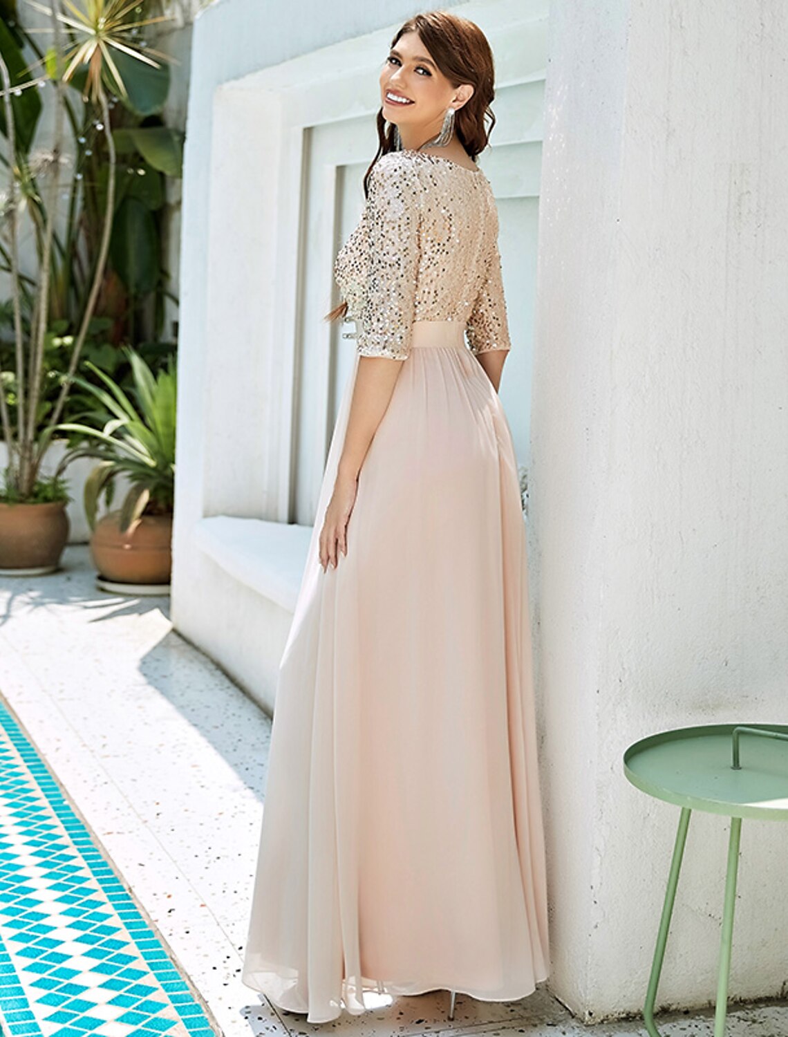 Plus Size Jewel Neck Floor Length Wedding Guest Dress Tulle Sequined 3/4 Length Sleeve Mother of the Bride Dress