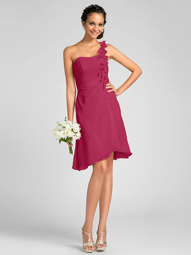 Sheath / Column Bridesmaid Dress One Shoulder Sleeveless Knee Length Chiffon with Side Draping / Flower