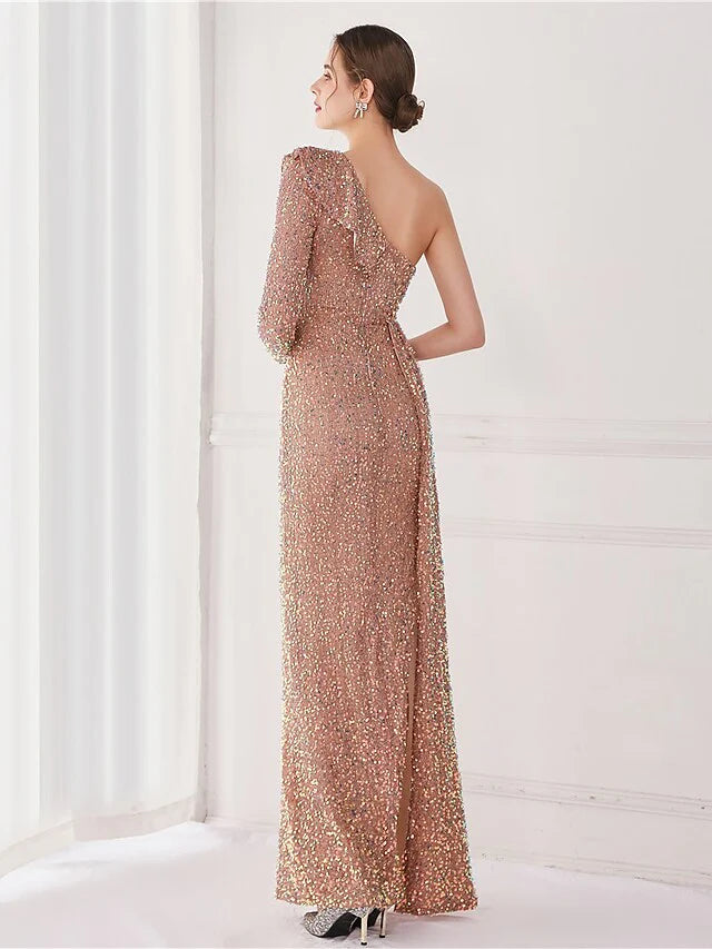 Mermaid / Trumpet Evening Gown Elegant Dress Wedding Guest Floor Length Long Sleeve One Shoulder Sequined V Back with Sequin Slit