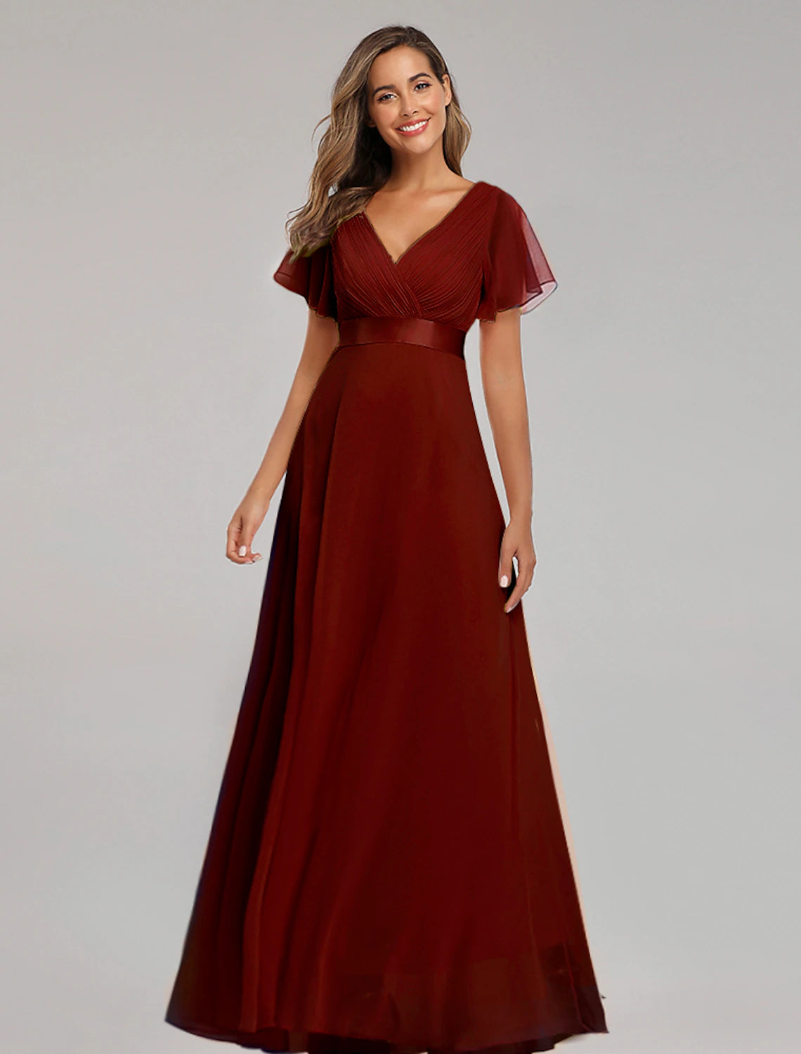 A-Line Prom Dresses Christmas Red Green Dress Fall Wedding Guest Dress For Bridesmaid Floor Length Short Sleeve V Neck Chiffon V Back with Ruched Ruffles