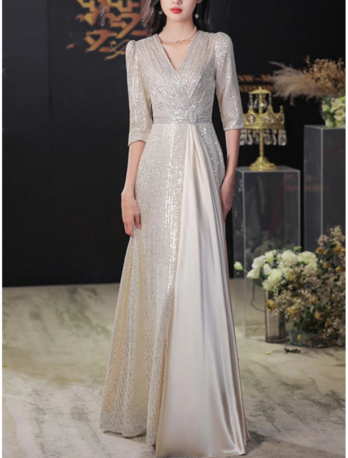 A-Line Sleek Glitter Sparking  Petite V Neck Wedding Guest Party Dress Sequined Half Sleeve Mother of the Bride Dress with Pleats Crystal Brooch
