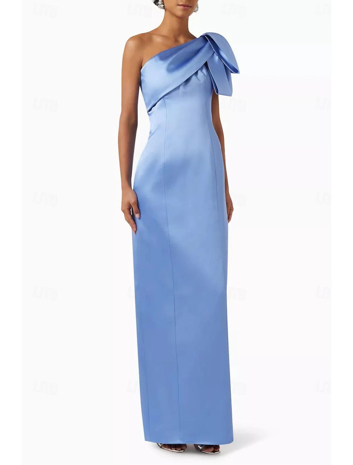 Sheath Mermaid Sleeveless Evening Gown One Shoulder Ankle Length Satin Party Dress With Bow Slit