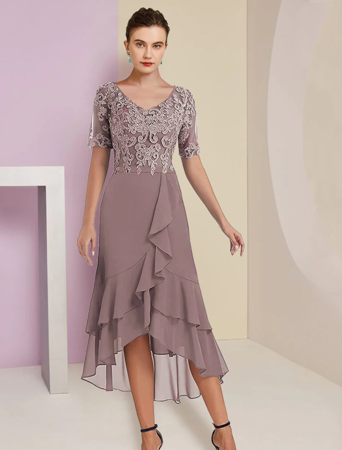 Two Piece A-Line Mother of the Bride Dress Formal Fall Wedding Guest Elegant High Low V Neck Asymmetrical Tea Length Chiffon Lace Short Sleeve 3/4 Length Sleeve Wrap Included with Applique