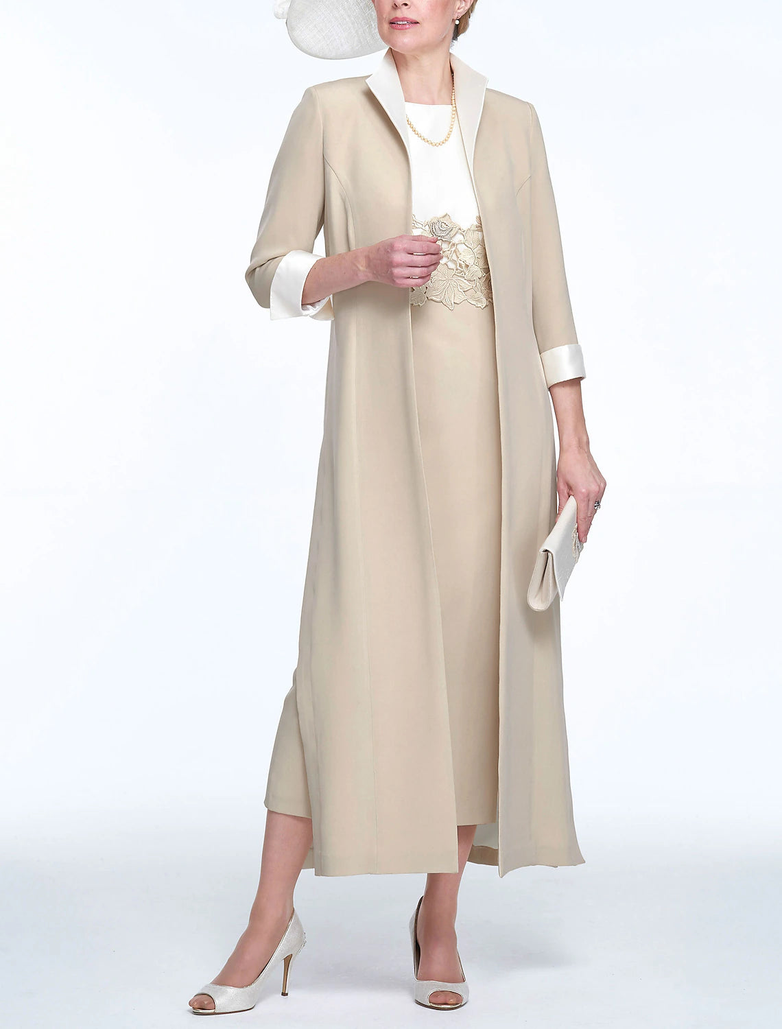 Sheath / Column Church Elegant Jewel Neck Two Pieces Wedding Guest Ankle Length Stretch Fabric Sleeveless Mother of the Bride Dress with Appliques