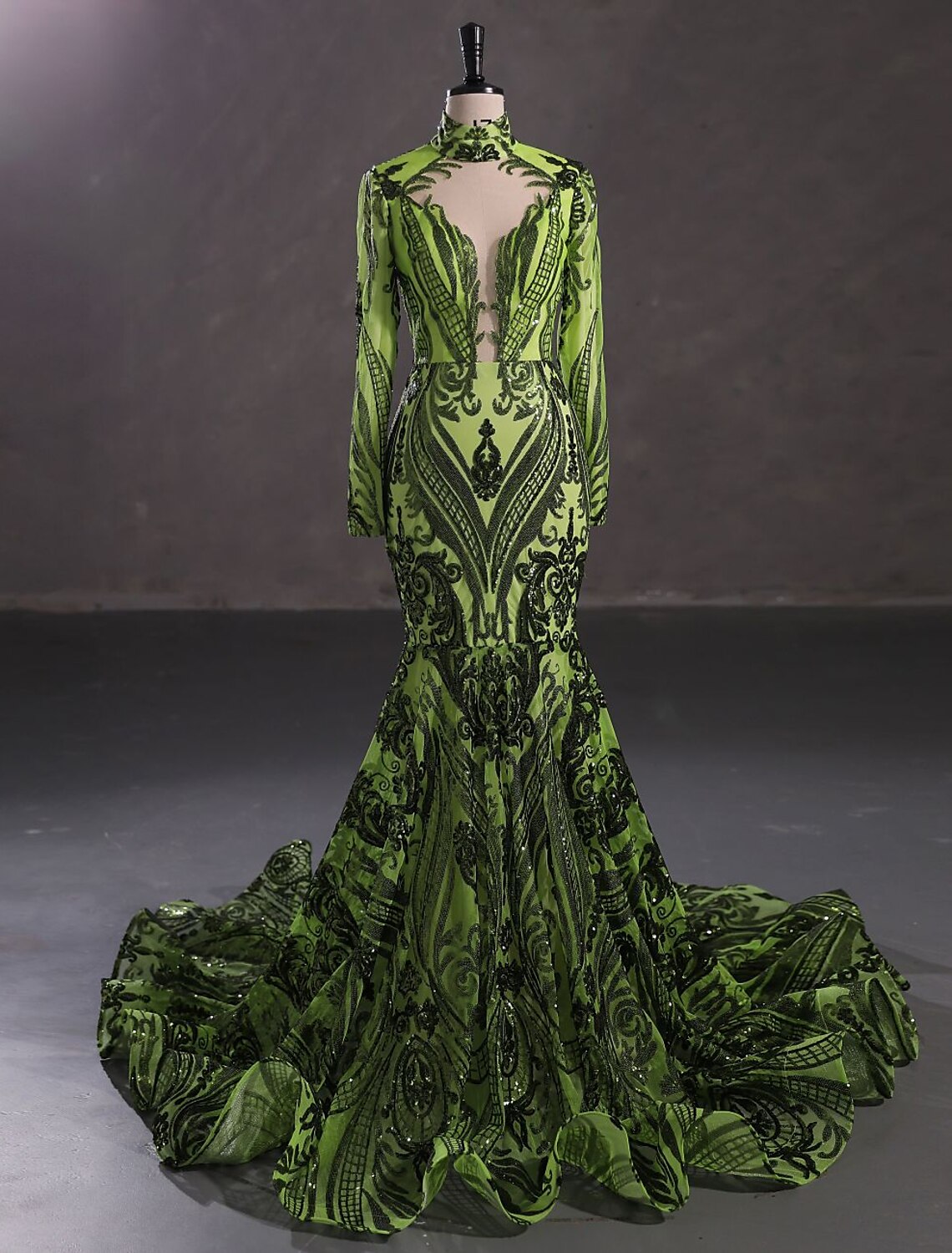 Mermaid Party Dress Evening Gown Sparkle & Shine Dress Carnival Christmas Red Green Dress Court Train Long Sleeve Stand Collar Lace with Sequin