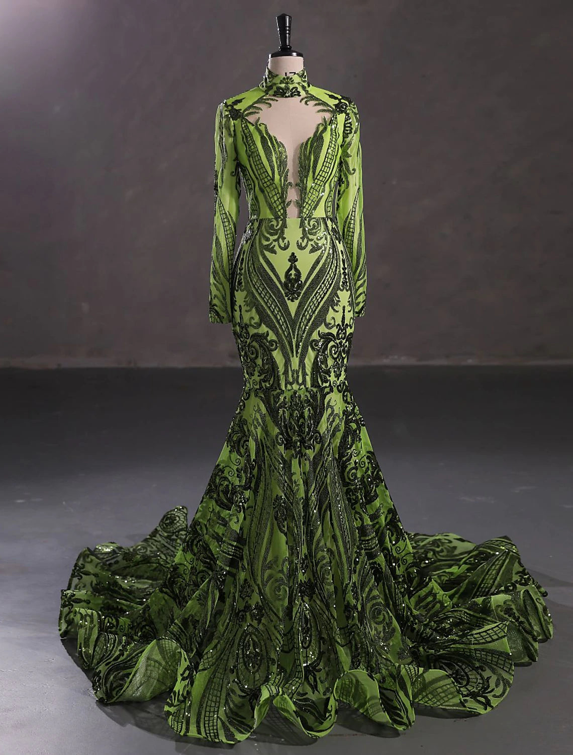 Mermaid Party Dress Evening Gown Sparkle & Shine Dress Carnival Engagement Court Train Long Sleeve Stand Collar Lace with Sequin