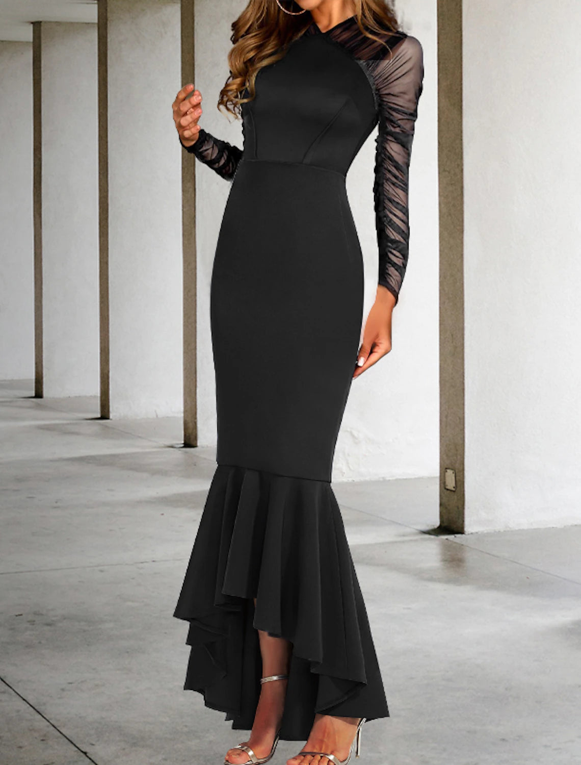 Sheath Mermaid Black Long Sleeve  Prom Dresses Asymmetrical Long Sleeve V Neck Stretch Fabric Formal Dress with Ruched Ruffles