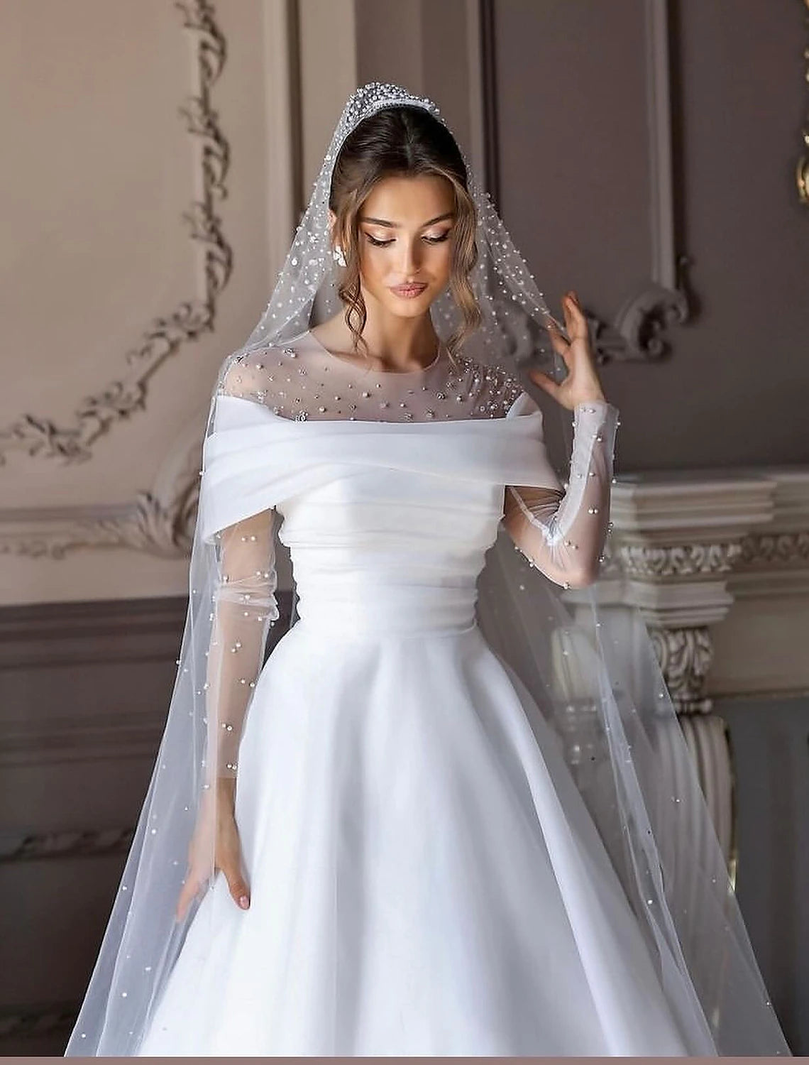 Elegant Simple Wedding Dresses A-Line V Neck Long Sleeve Court Train Chiffon Bridal Gowns With Pleats Ruched No With Veil