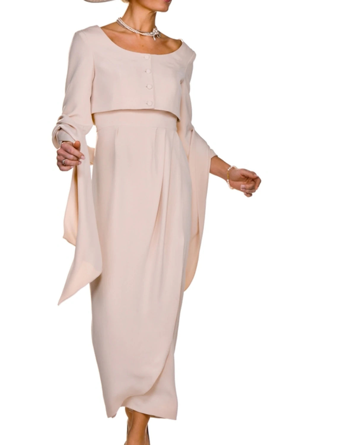 Sheath / Column  Square Neck Ankle Length Two Pieces  Wedding Guest Party Dress Stretch Fabric Sleeveless Short Jacket Mother of the Bride Dress  with Buttons Pleats