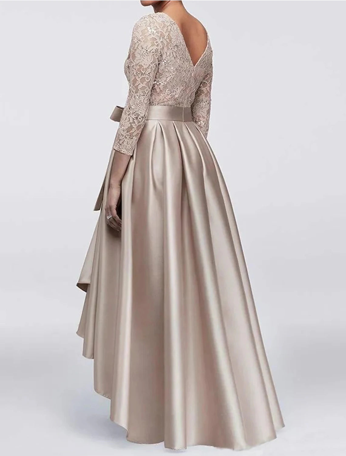 A-Line Wedding Guest Dress Plus Size Satin Lace 3/4 Length Sleeve Mother of the Bride Dress High Low Jewel Neck Asymmetrical Dress  with Sash / Ribbon Appliques