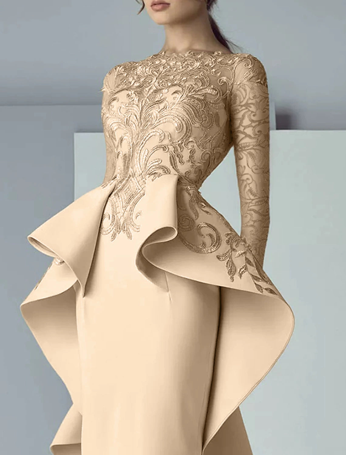 Sheath/Column Mother of the Bride Dress Formal Wedding Guest Scoop Neck Floor Length Long Sleeve with Ruffles Appliques