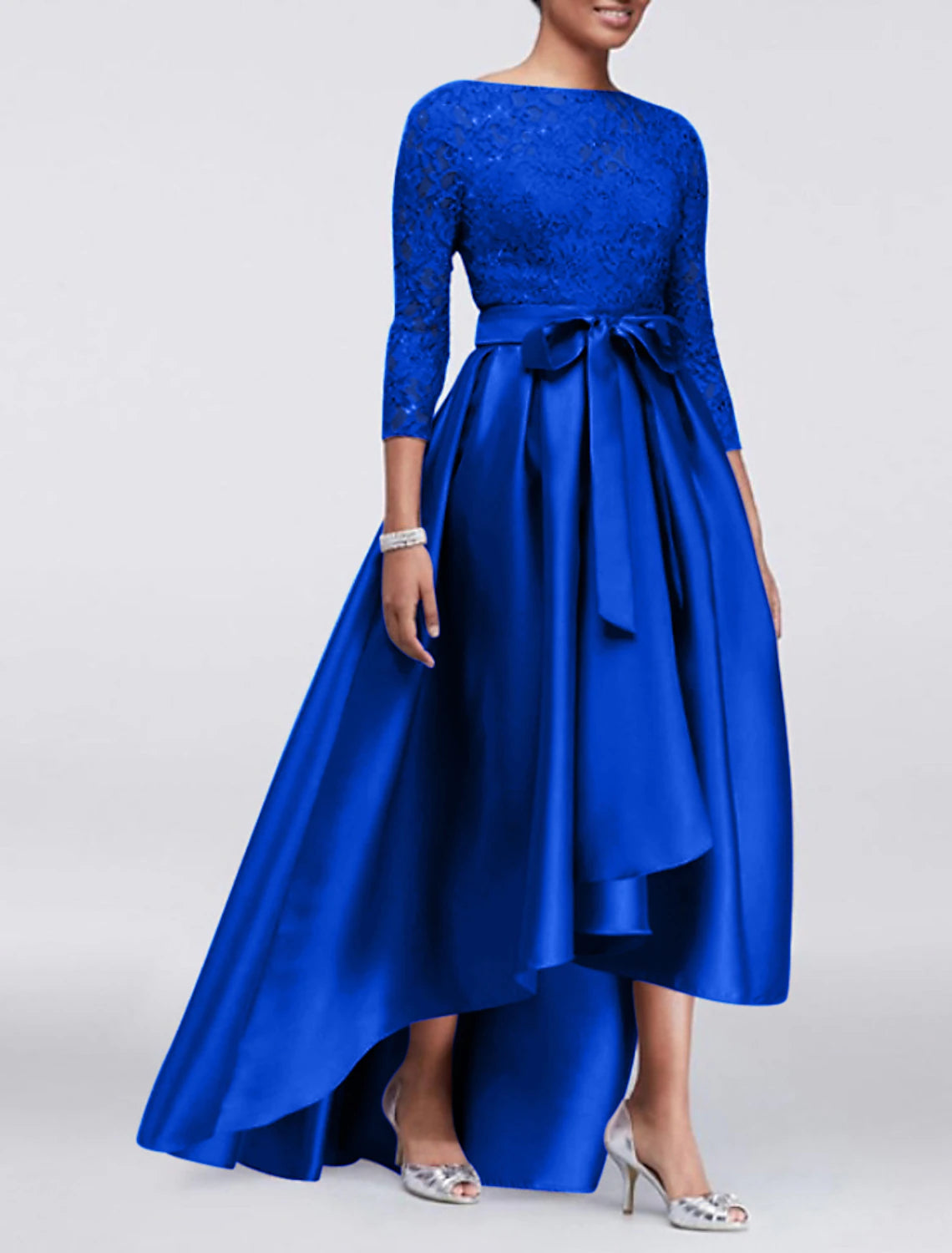 A-Line Wedding Guest Dress Plus Size Satin Lace 3/4 Length Sleeve Mother of the Bride Dress High Low Jewel Neck Asymmetrical Dress  with Sash / Ribbon Appliques