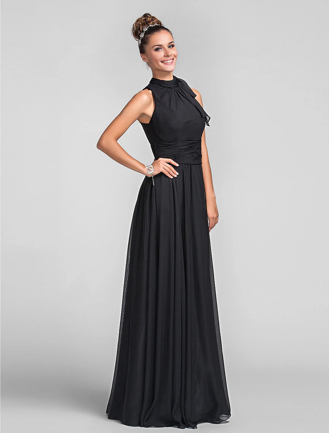 Sheath / Column Elegent Bridesmaid Dress High Neck Sleeveless Vintage Inspired Floor Length Chiffon with Ruched / Cascading Ruffles