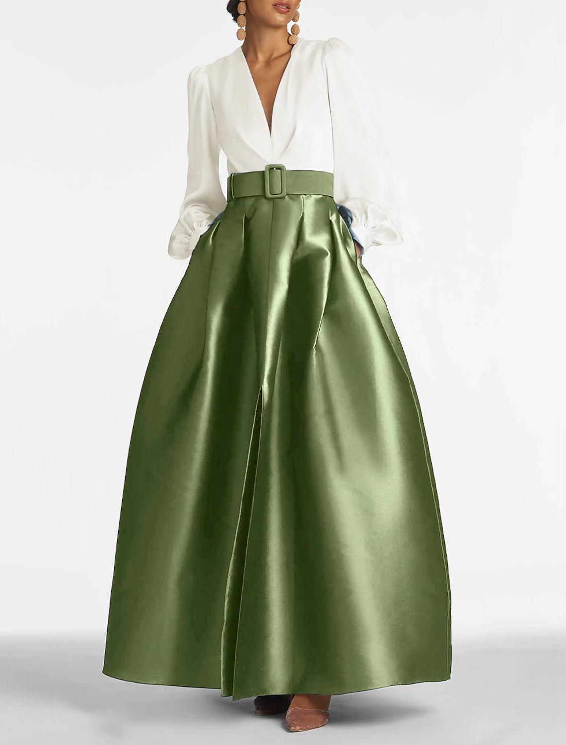 A-Line Satin Green Dress Formal Plus Size Wedding Guest Dress Elegant Evening Gown High Split Pocket Long Sleeve Floor Length Color V Neck Belt With Pleats Slit