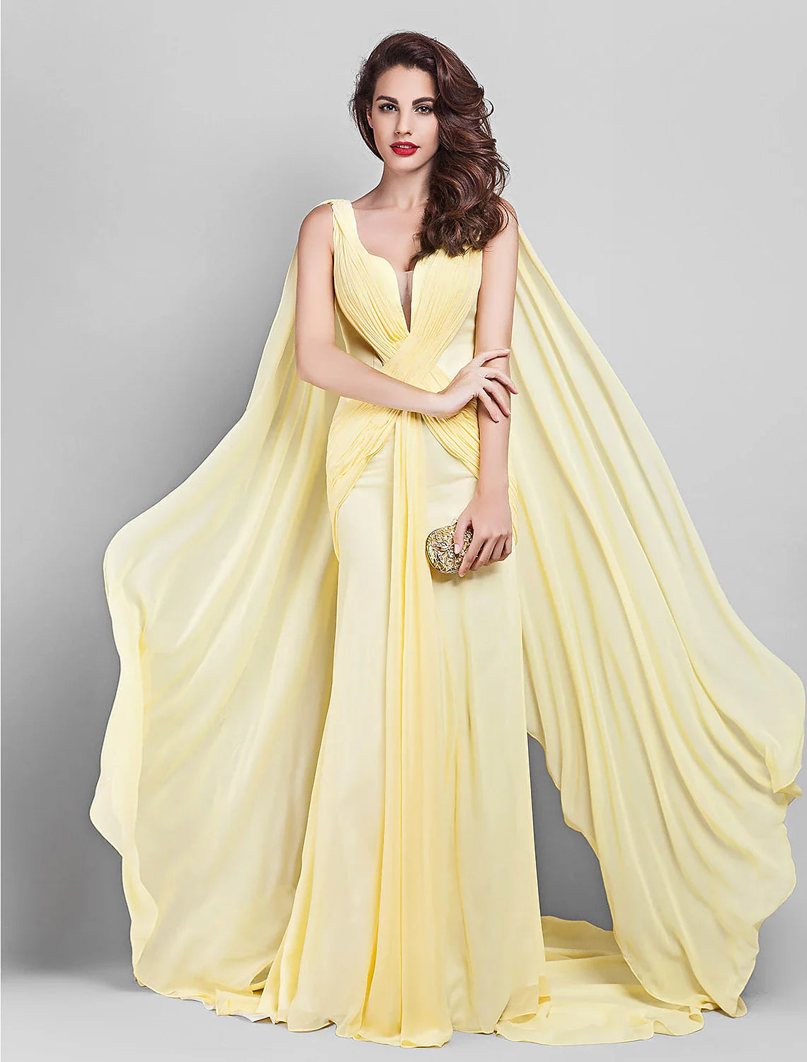 Sheath / Column Elegant Dress Wedding Guest Court Train Sleeveless Plunging Neck Georgette V Back with Criss Cross Side Draping