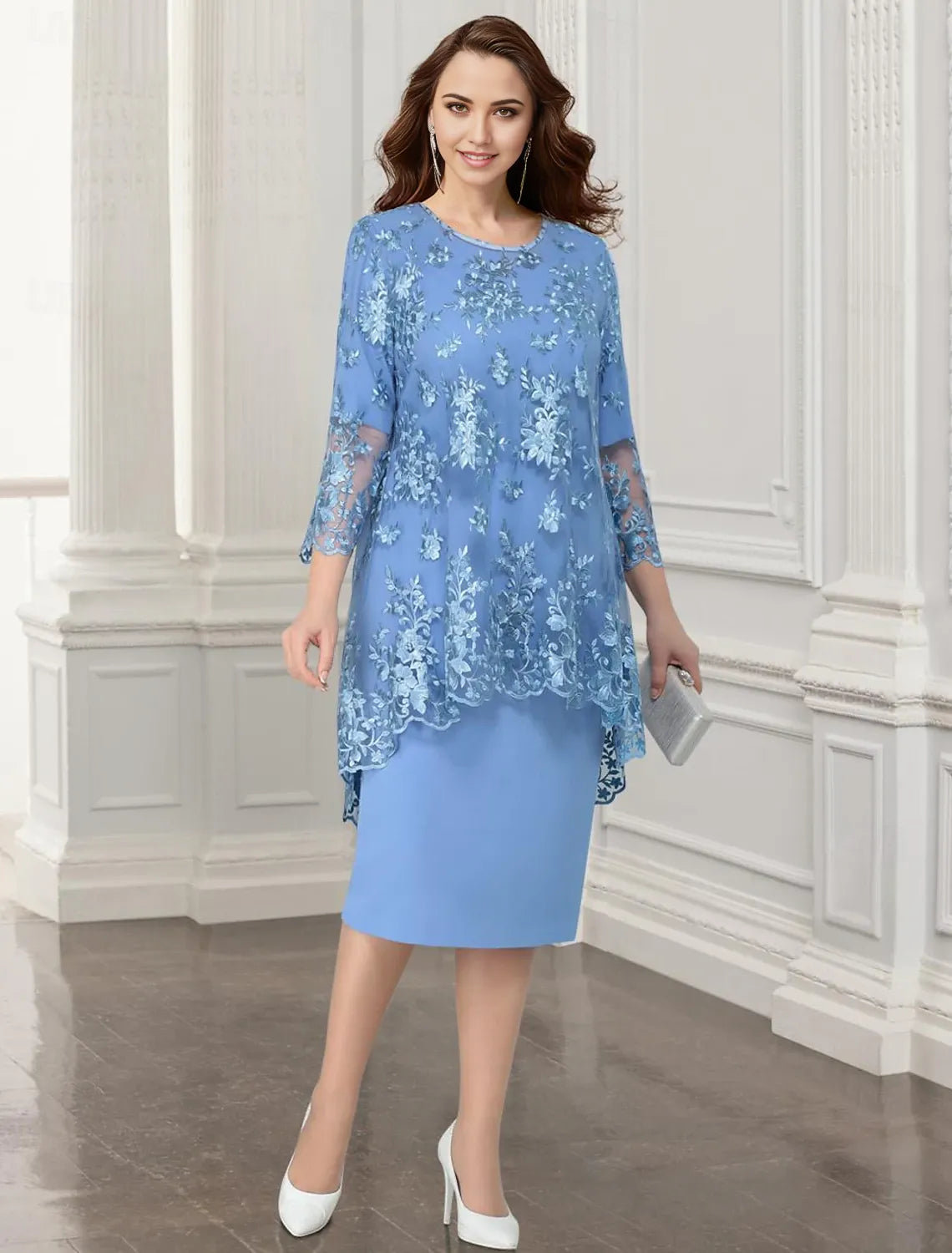 Two Piece Sheath / Column Mother of the Bride Dress Wedding Guest Elegant Jewel Neck Tea Length Chiffon Lace Sleeveless Jacket Dresses with Appliques