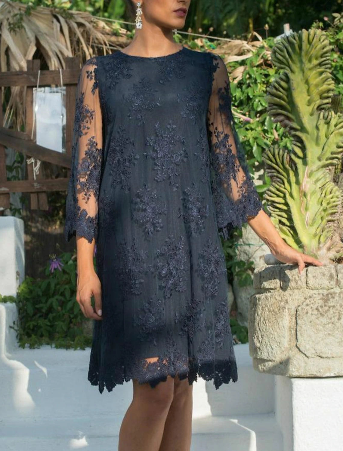 Wedding Guest Party Dress  Jewel Neck Lace Tulle 3/4 Length Sleeve Mother of the Bride Dress with Appliques